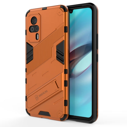 Shockproof rugged phone case with built-in holder, orange, textured armor design