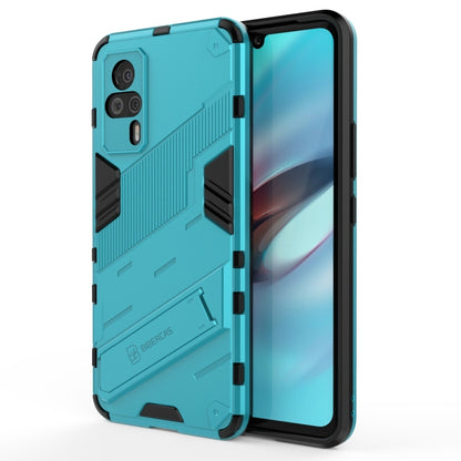 Shockproof rugged phone case with built-in holder, teal, textured armor design