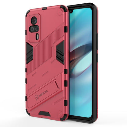 Red rugged phone case with black shockproof armor, dual-layer, camera cutouts