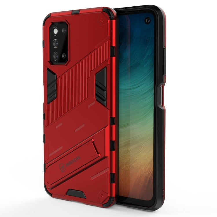 Red rugged phone case with shockproof frame and secure side bumpers for device protection
