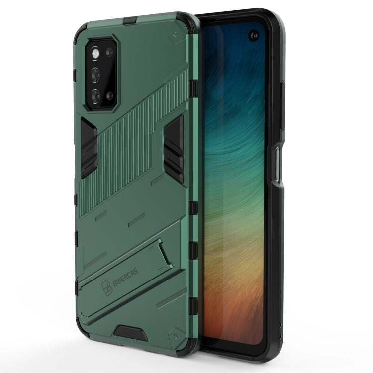 Shockproof rugged phone case with built-in holder, dark green, raised camera cutouts
