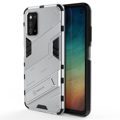 Shockproof rugged phone case with built-in holder, light grey, textured armor and grip