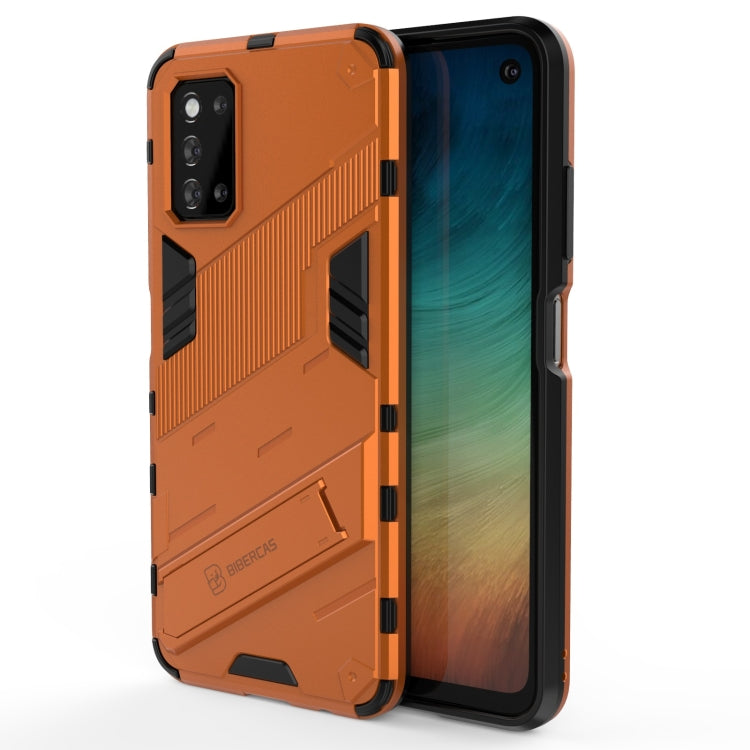 Shockproof rugged phone case with built-in holder, orange, raised camera and port cutouts