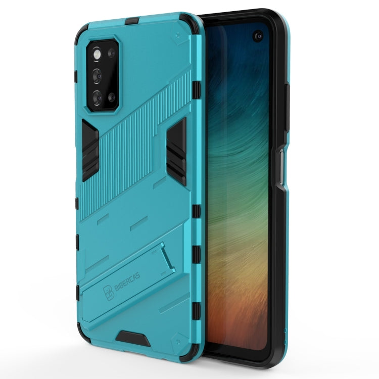 Shockproof rugged phone case with built-in holder, blue-green, textured armor and cutouts
