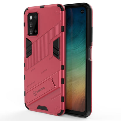Red rugged phone case with black accents and shockproof armor, front cutouts