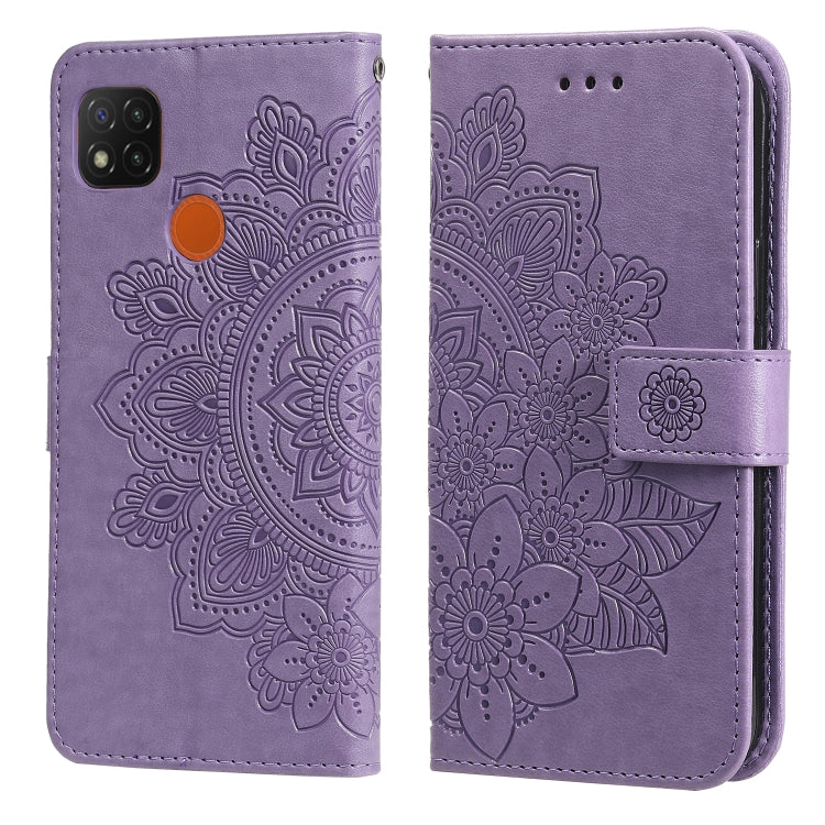 Light purple PU leather phone wallet case with embossed 7-petal floral design, magnetic strap