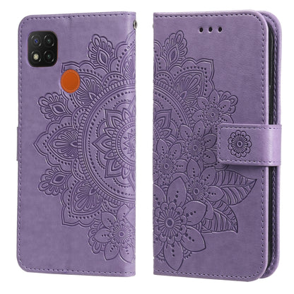 Light purple PU leather phone wallet case with embossed 7-petal floral design, magnetic strap