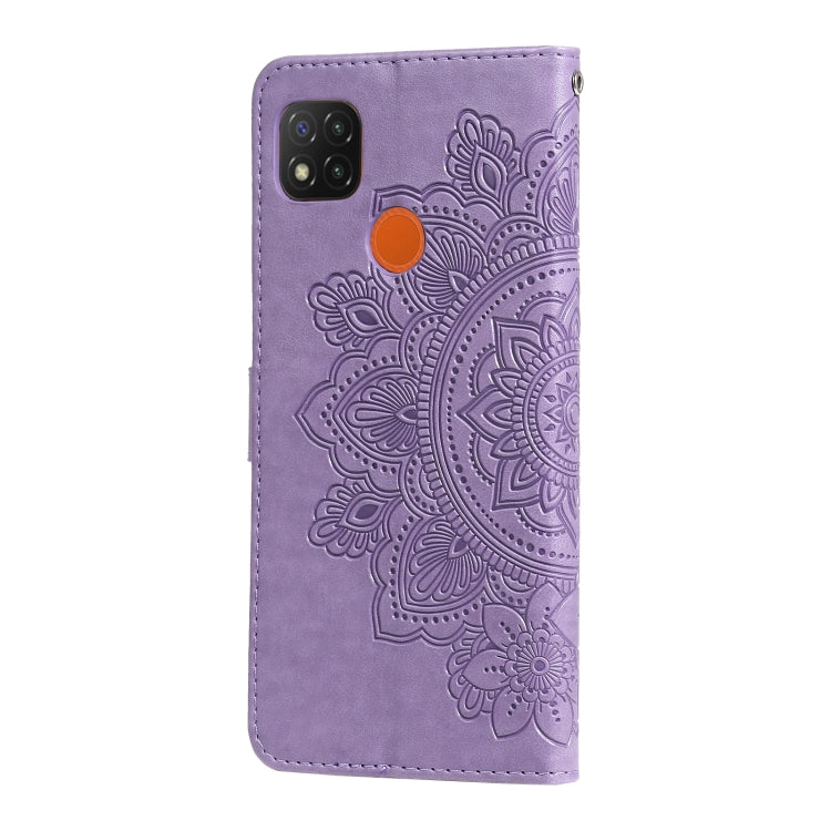Light purple PU leather phone wallet case with embossed 7-petal floral pattern and camera cutout