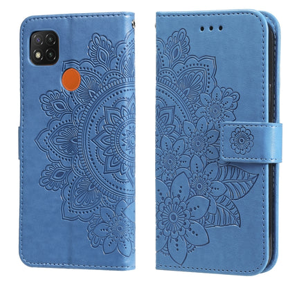 Blue embossed 7-petal floral flip PU leather phone wallet case with card slots and strap