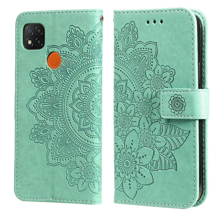 Green PU leather flip phone case with embossed floral pattern, strap closure, card slot