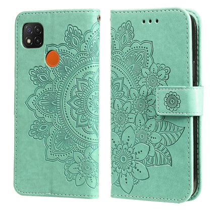 Green PU leather flip phone case with embossed floral pattern, strap closure, card slot