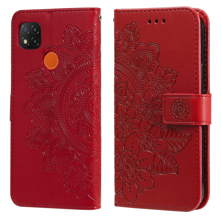 Red floral-embossed flip phone wallet case with card slots and side strap, two-sided