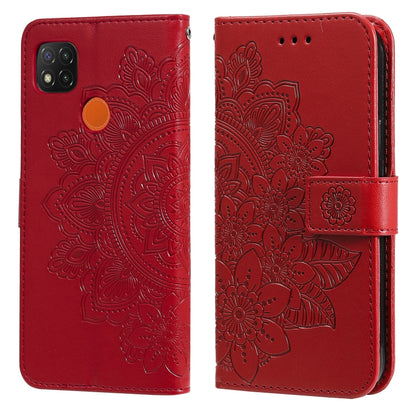 Red floral-embossed flip phone wallet case with card slots and side strap, two-sided