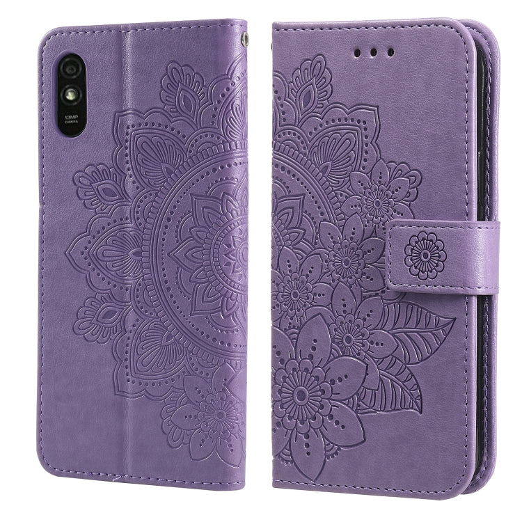 Light purple PU leather phone wallet case with embossed 7-petal floral design and magnetic strap