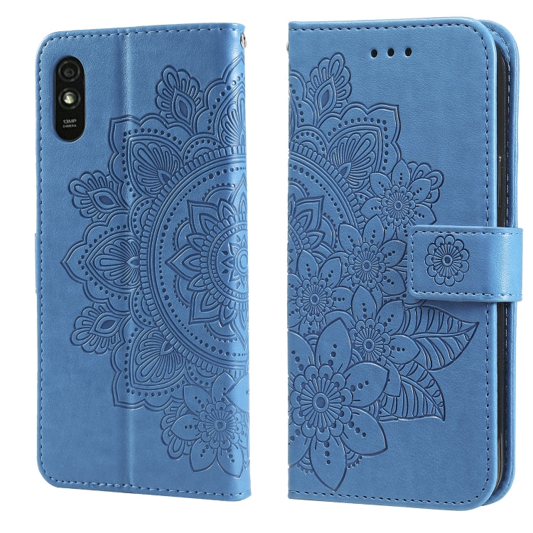 Blue embossed 7-petal floral PU leather flip phone wallet case with card slots and strap
