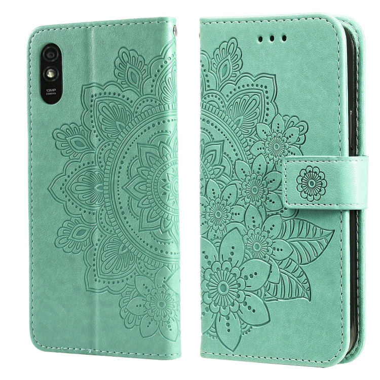 Green PU leather flip phone case with embossed floral mandala design and card-slot flap
