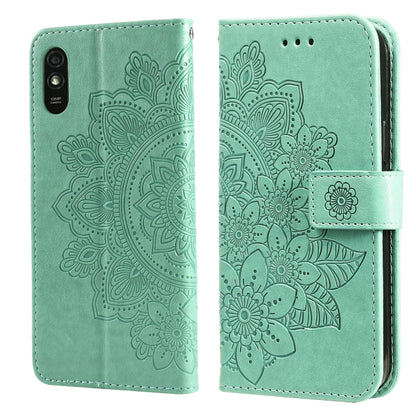 Green PU leather flip phone case with embossed floral mandala design and card-slot flap