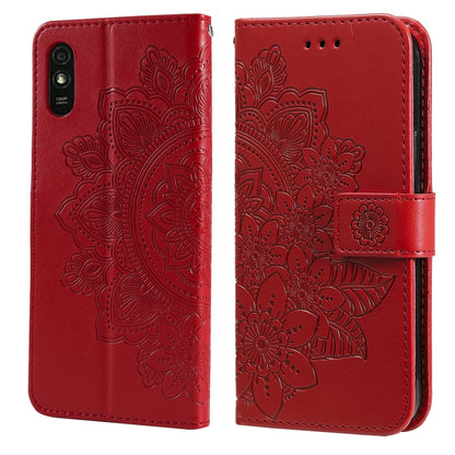 Red floral-embossed flip phone wallet case with card slots and side strap, two-sided