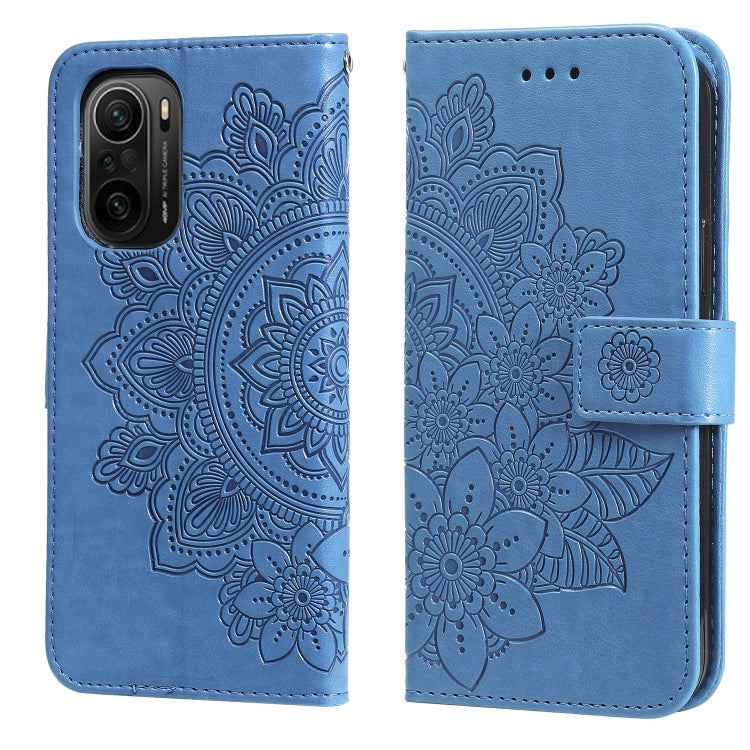 Blue embossed 7-petal floral flip PU leather phone wallet case with card slots and strap