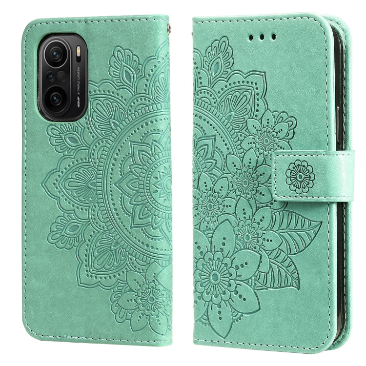 Green PU leather flip phone case with embossed floral pattern and card-slot closure strap