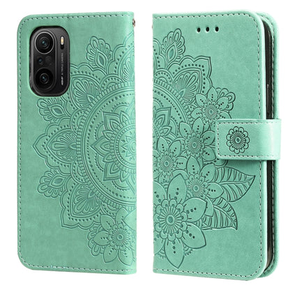 Green PU leather flip phone case with embossed floral pattern and card-slot closure strap