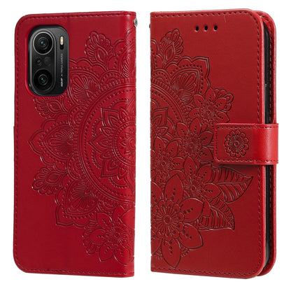 Red floral-embossed flip phone wallet case with card slots and side strap, camera cutout