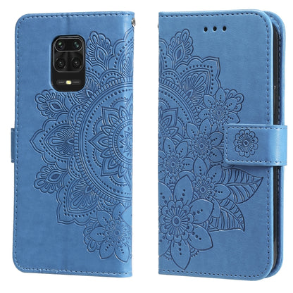 Blue embossed 7-petal floral flip PU leather phone wallet case with card slots and strap