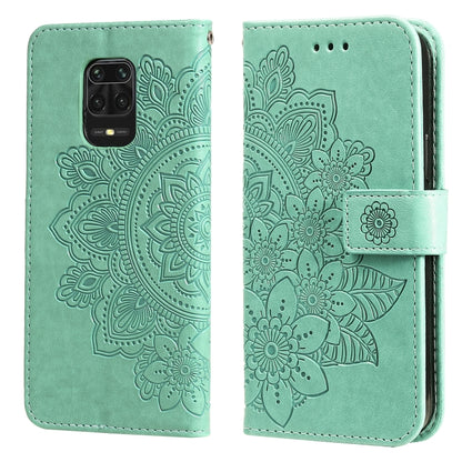 Green PU leather flip phone case with embossed floral mandala design, card-slot flap closure