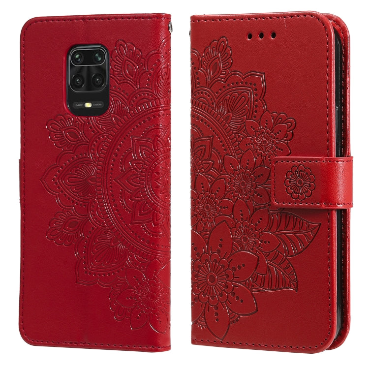 Red floral-embossed flip phone wallet case with card slots and side strap, camera cutout