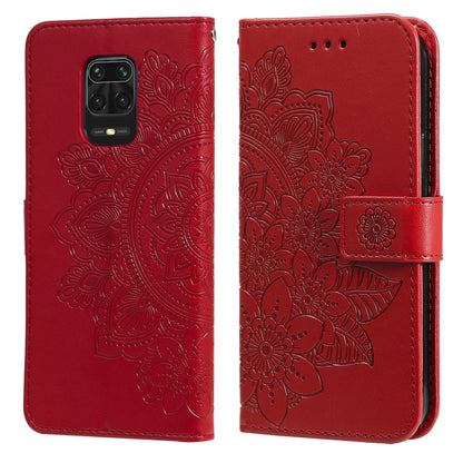 Red floral-embossed flip phone wallet case with card slots and side strap, camera cutout
