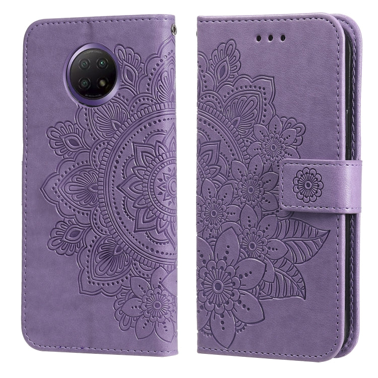 Light purple PU leather flip phone case, 7-petal floral embossing, card slots
