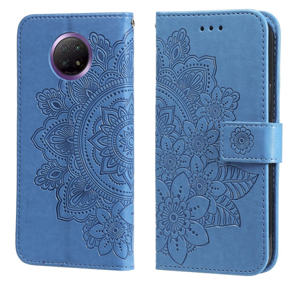 Blue embossed 7-petal floral PU leather flip phone wallet case with card slots and strap