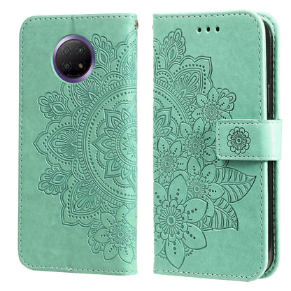 Mint green floral embossed PU leather phone wallet case with flip cover and strap