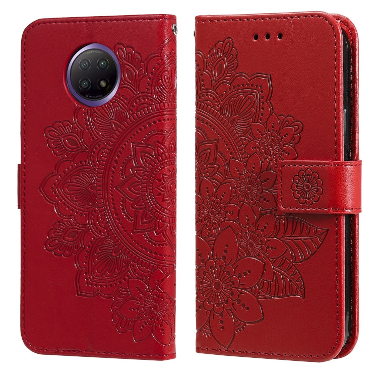 Red floral-embossed flip phone wallet case with card slots and side strap, camera cutout
