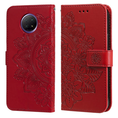 Red floral-embossed flip phone wallet case with card slots and side strap, camera cutout