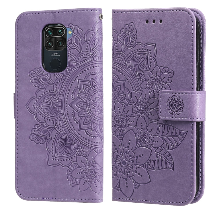 Light purple PU leather flip phone case with 7-petal floral embossing and card slots