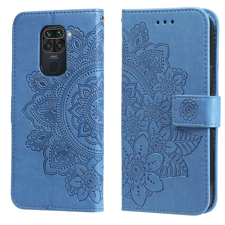Blue embossed 7-petal floral flip PU leather phone wallet case with card slots and strap