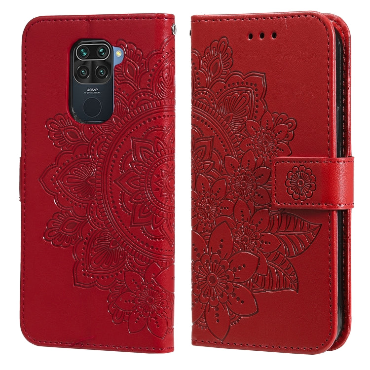 Red floral-embossed flip phone wallet case with card slots and side strap, camera cutout