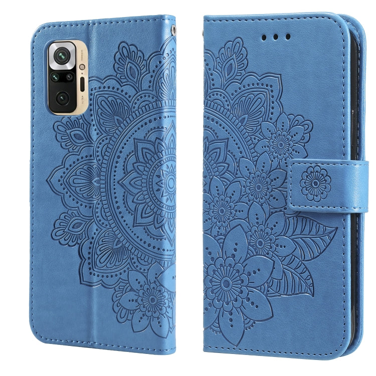 Blue embossed 7-petal floral flip PU leather phone wallet case with card slots and strap