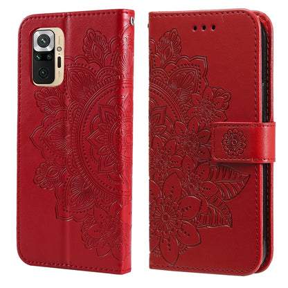 Red floral-embossed flip phone wallet case with card slots and side strap, camera cutout