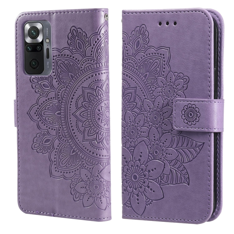Light purple PU leather flip phone case with 7-petal floral pattern, card slots