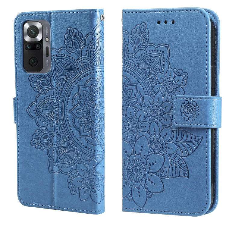 Blue embossed 7-petal floral flip PU leather phone wallet case with card slots and strap