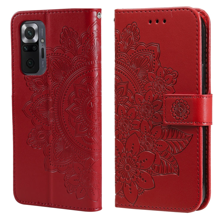 Red floral-embossed flip phone wallet case with card slots and side strap, camera cutout