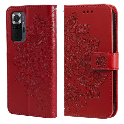 Red floral-embossed flip phone wallet case with card slots and side strap, camera cutout