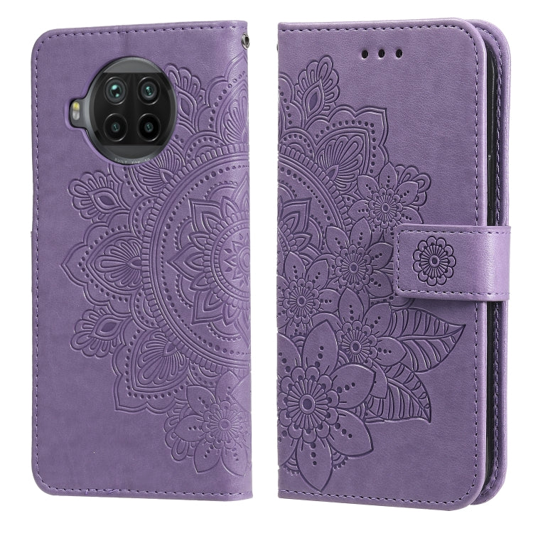 Light purple PU leather flip phone case with 7-petal floral embossing, card slots