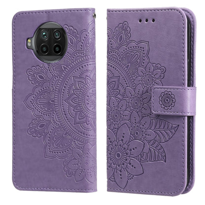 Light purple PU leather flip phone case with 7-petal floral embossing, card slots