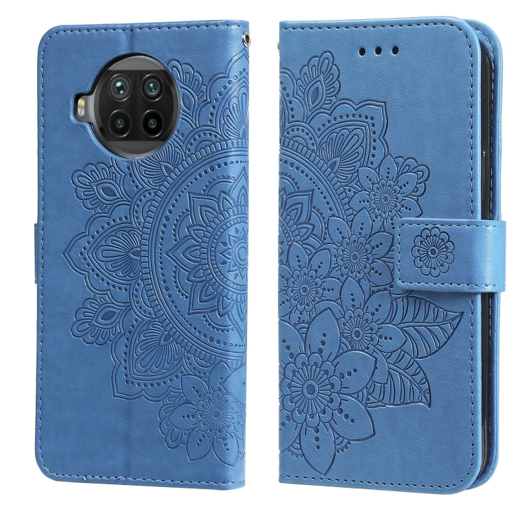 Blue embossed 7-petal floral PU leather flip phone wallet case with card slots and strap