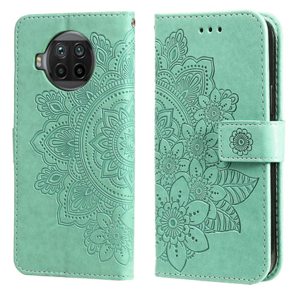 Mint green floral embossed PU leather wallet phone case with flip cover and strap