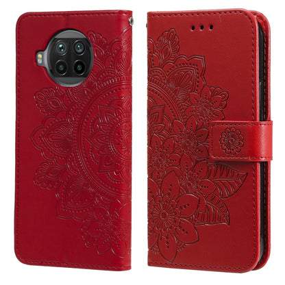 Red floral-embossed flip phone wallet case with card slots and side strap, camera cutout