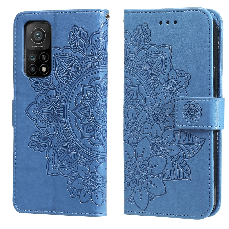 Blue PU leather flip phone case with embossed floral pattern and card-slot flap closure